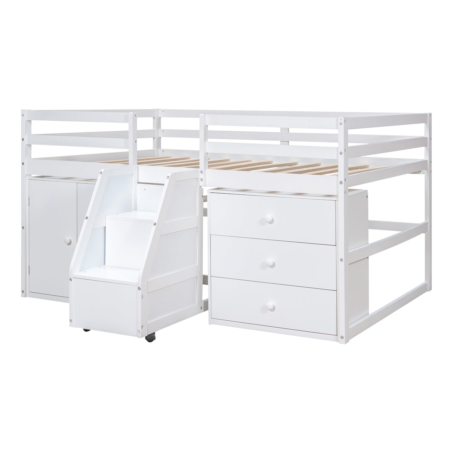 Full Size Functional Loft Bed with Cabinets and Drawers, Hanging Clothes at the back of the Staircase, White