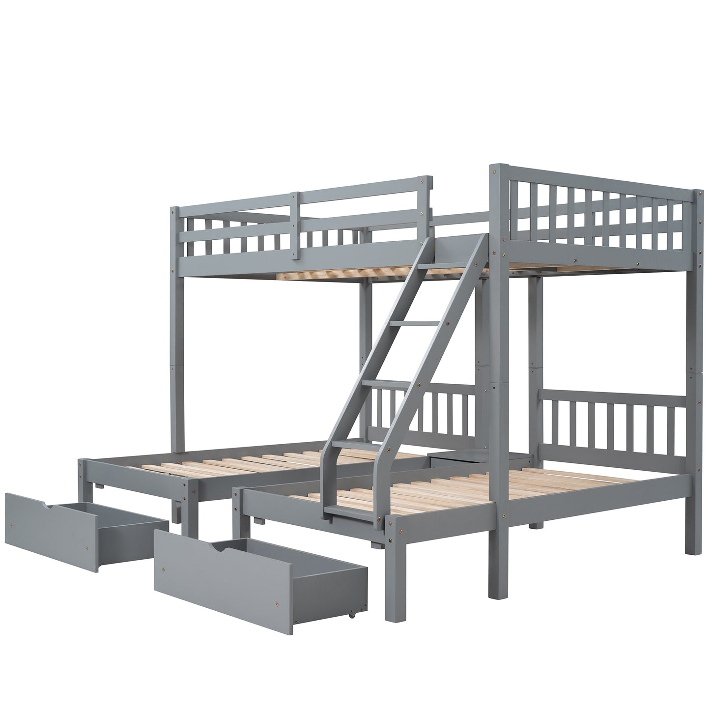 Full Over Twin & Twin Bunk Bed, Wood Triple Bunk Bed with Drawers and Guardrails  (Gray) （OLD SKU:LP000143AAE）