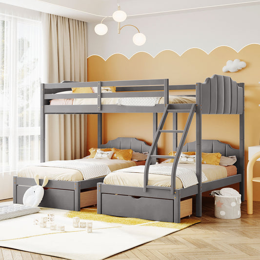 Full Over Twin & Twin Bunk Bed, Velvet Triple Bunk Bed with Drawers and Guardrails, Gray