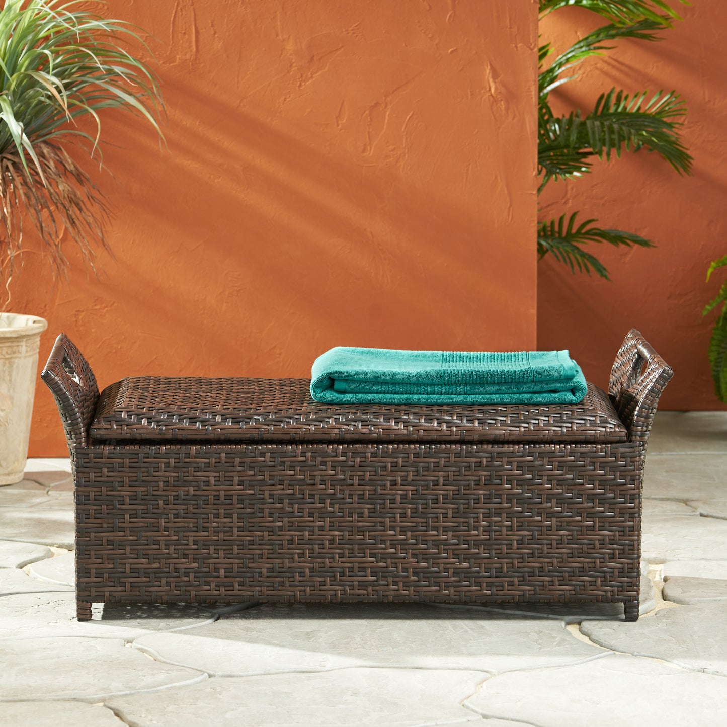 Izidora Outdoor Brown Wicker Storage Ottoman