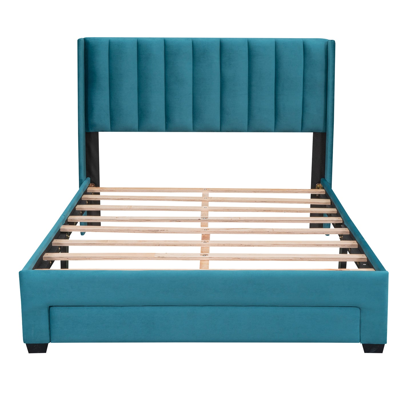 Full Size Storage Bed Velvet Upholstered Platform Bed with a Big Drawer - Blue