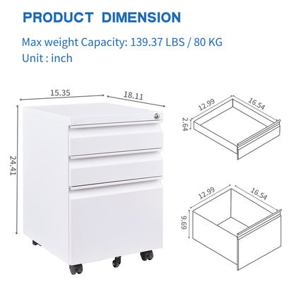 3 Drawer File Cabinet with Lock, Steel Mobile Filing Cabinet on Anti-tilt Wheels, Rolling Locking Office Cabinets Under Desk for Legal/Letter Size