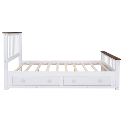 Queen Size Wood Platform Bed with Two Drawers and Wooden Slat Support,White+walnut