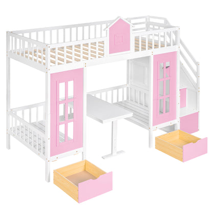 Twin-Over-Twin Bunk Bed with Changeable Table , Bunk Bed  Turn into Upper Bed and Down Desk with 2 Drawers - Pink