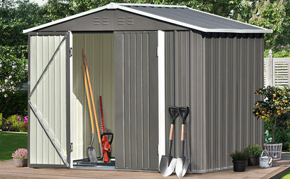 TOPMAX Patio 8ft x6ft Bike Shed Garden Shed, Metal Storage Shed with Lockable Doors, Tool Cabinet with Vents and Foundation Frame for Backyard, Lawn, Garden, Gray