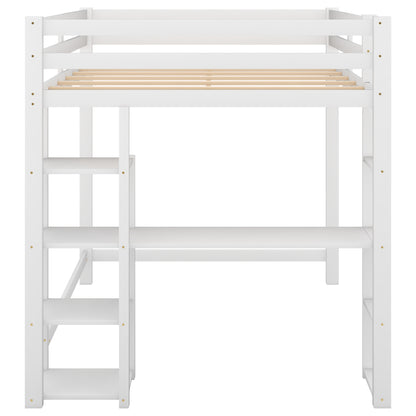 Full Size Loft Bed with Built-in Desk and Shelves,White