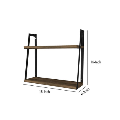 Joel 18 Inch Rectangular 2 Tier Wood Floating Wall Mount Shelf with Metal Frame, Brown and Black