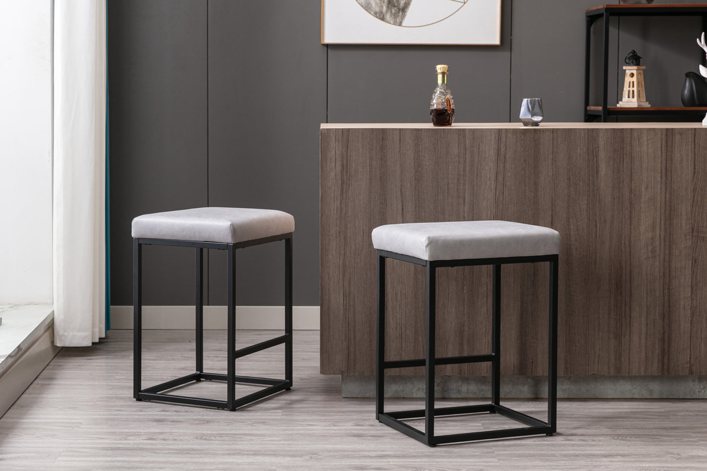 A&A Furniture,Counter Height 24" Bar Stools Set of 2 for Kitchen Counter Backless Modern Barstools Industrial Upholstered Leathaire Fabric Stools Farmhouse Island Chairs,Support 330 LBS,(24 Inch, Gray