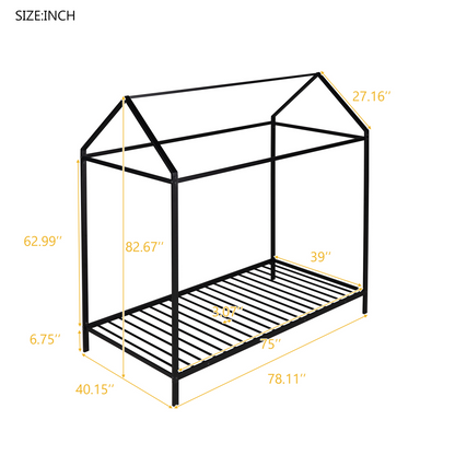 House Bed Frame Twin Size , Kids Bed Frame Metal  Platform Bed  Floor Bed for Kids Boys Girls No Box Spring Needed Black