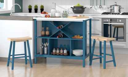 TOPMAX Farmhouse 3-piece Wood Stationary Kitchen Island Set with 2 Seatings, Dining Table Set with  Shelves and Wine Rack for Small Places,Blue Frame+White Top