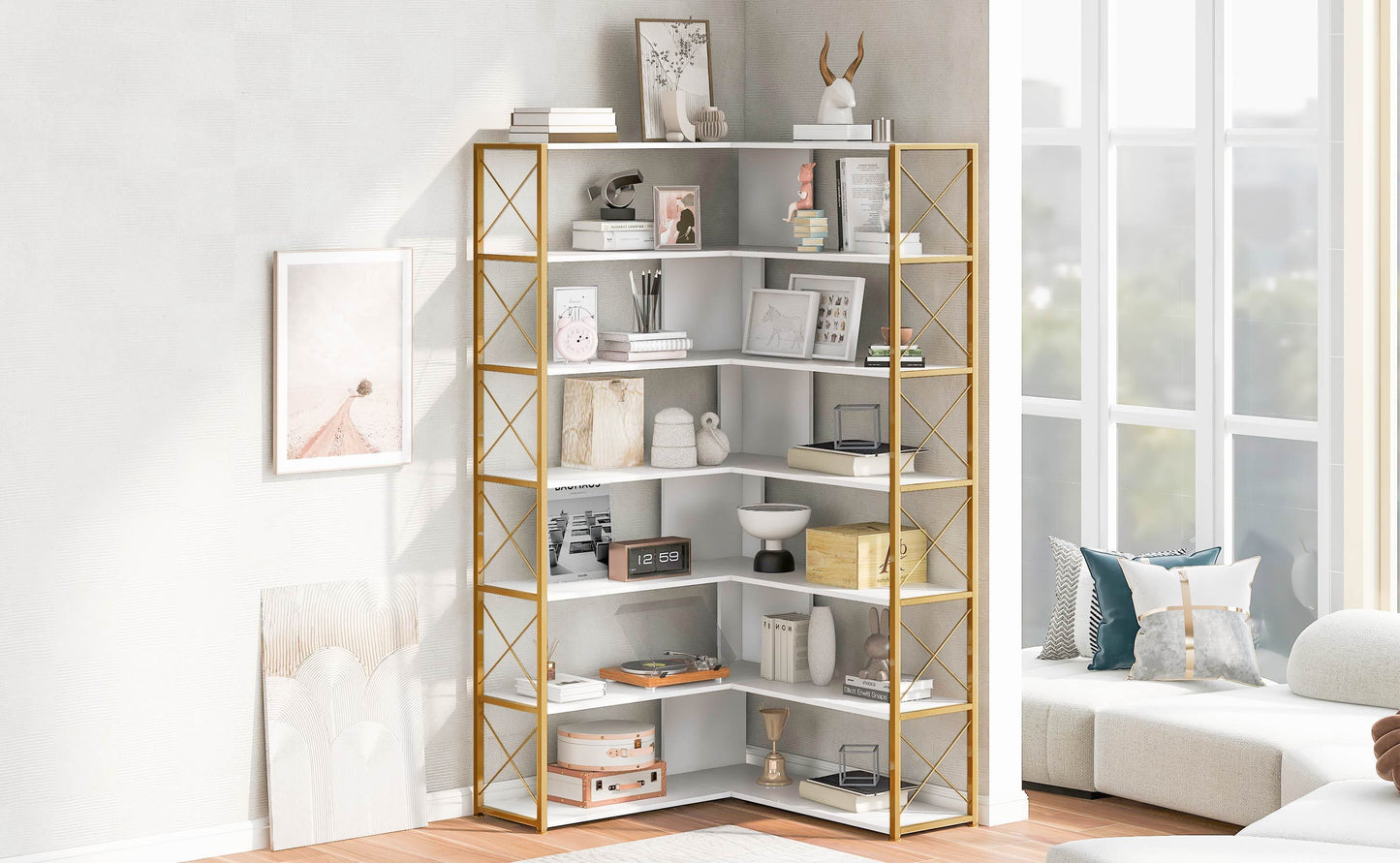 Golden+White 7-Tier Bookcase Home Office Bookshelf,  L-Shaped Corner Bookcase with Metal Frame, Industrial Style Shelf with Open Storage, MDF Board