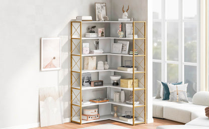 Golden+White 7-Tier Bookcase Home Office Bookshelf,  L-Shaped Corner Bookcase with Metal Frame, Industrial Style Shelf with Open Storage, MDF Board