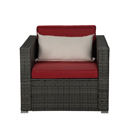 Outdoor Garden Patio Furniture 4-Piece Gray PE Rattan Wicker Sectional Red Cushioned Sofa Sets with 1 Beige Pillow