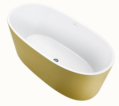 63" 100% Acrylic Freestanding Bathtub，Contemporary Soaking Tub，White inside and gold outside