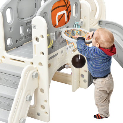 Kids Slide Playset Structure, Freestanding Castle Climbing Crawling Playhouse with Slide, Arch Tunnel, Ring Toss, and Basketball Hoop, Toy Storage Organizer for Toddlers, Kids Climbers Playground