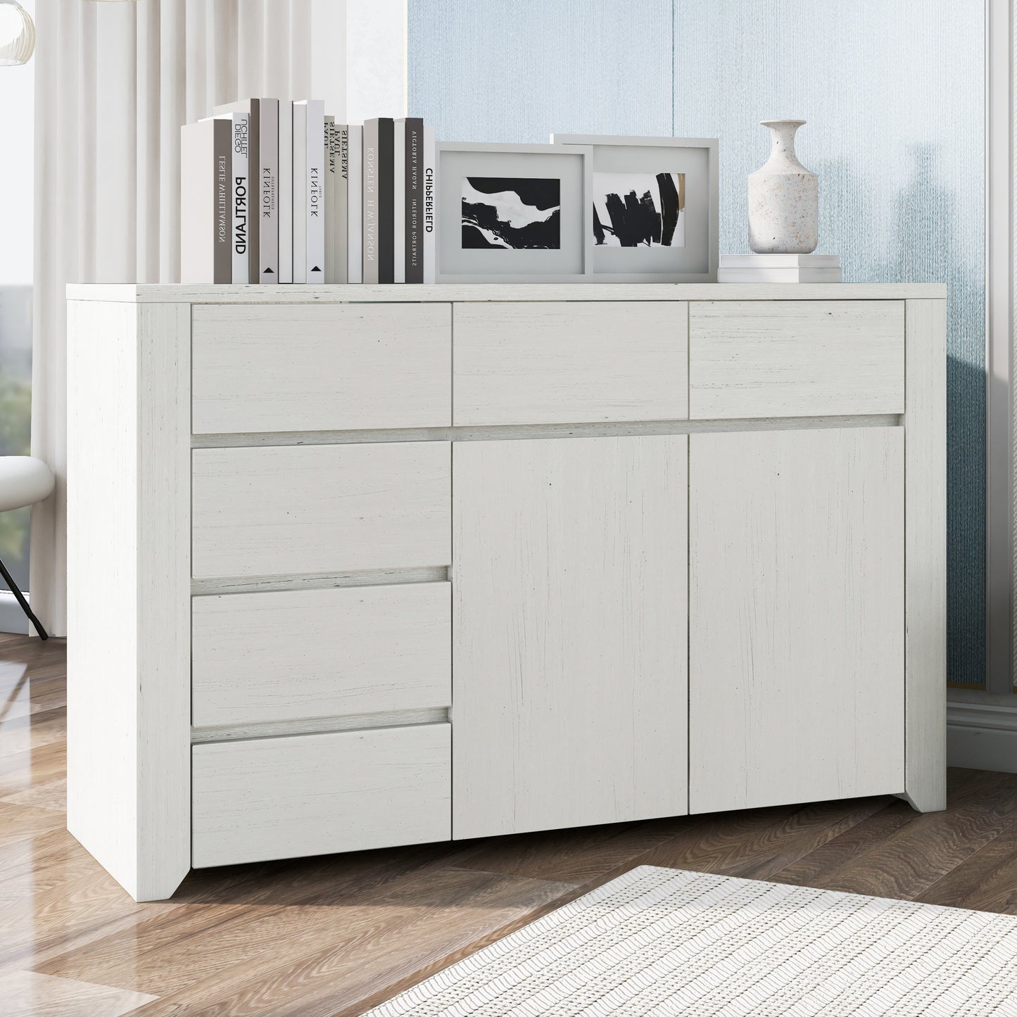 Off White Simple Style Manufacture Wood Dresser with Gray Wood Grain Sticker Surfaces Six Drawers and Two Level Cabinet Large Storage Space for Living Room Bedroom Guest Room Children’s Room