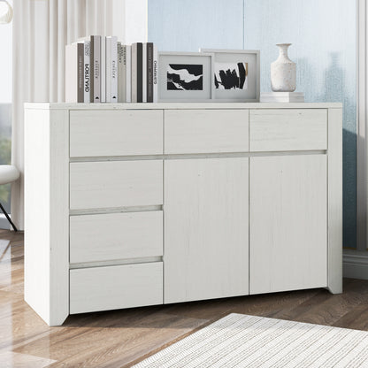 Off White Simple Style Manufacture Wood Dresser with Gray Wood Grain Sticker Surfaces Six Drawers and Two Level Cabinet Large Storage Space for Living Room Bedroom Guest Room Children’s Room