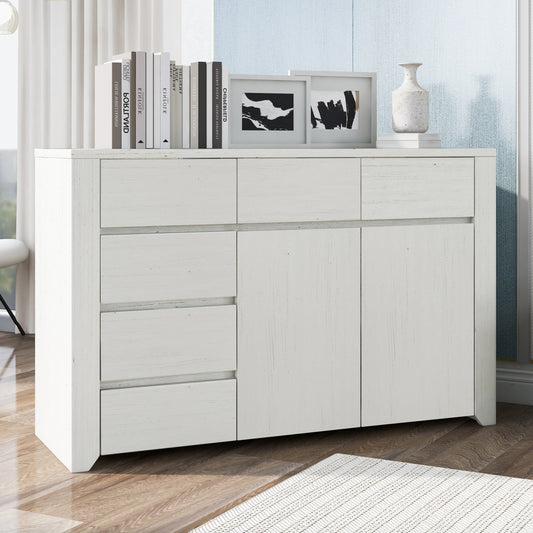 Off White Simple Style Manufacture Wood Dresser with Gray Wood Grain Sticker Surfaces Six Drawers and Two Level Cabinet Large Storage Space for Living Room Bedroom Guest Room Children’s Room