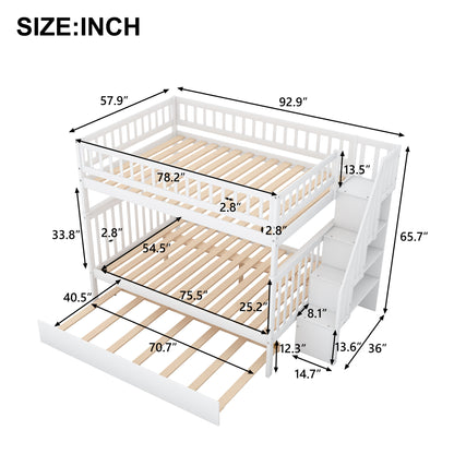 Full over Full Bunk Bed with Trundle and Staircase,White