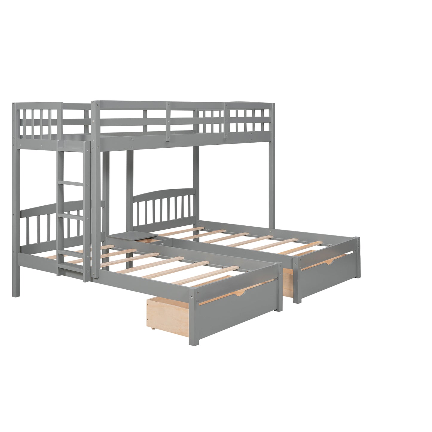 Twin over Twin & Twin Bunk Bed with Two Drawers and Built-in Middle Drawer, Gray