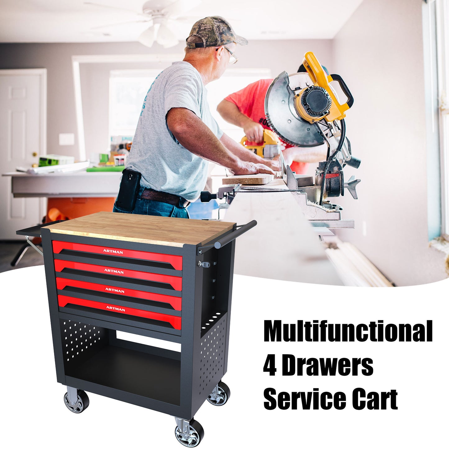4 DRAWERS MULTIFUNCTIONAL TOOL CART WITH WHEELS AND WOODEN TOP