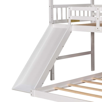 Twin over Full House Bunk Bed with Convertible Slide and Storage Staircase,Full-Length Guardrail,White