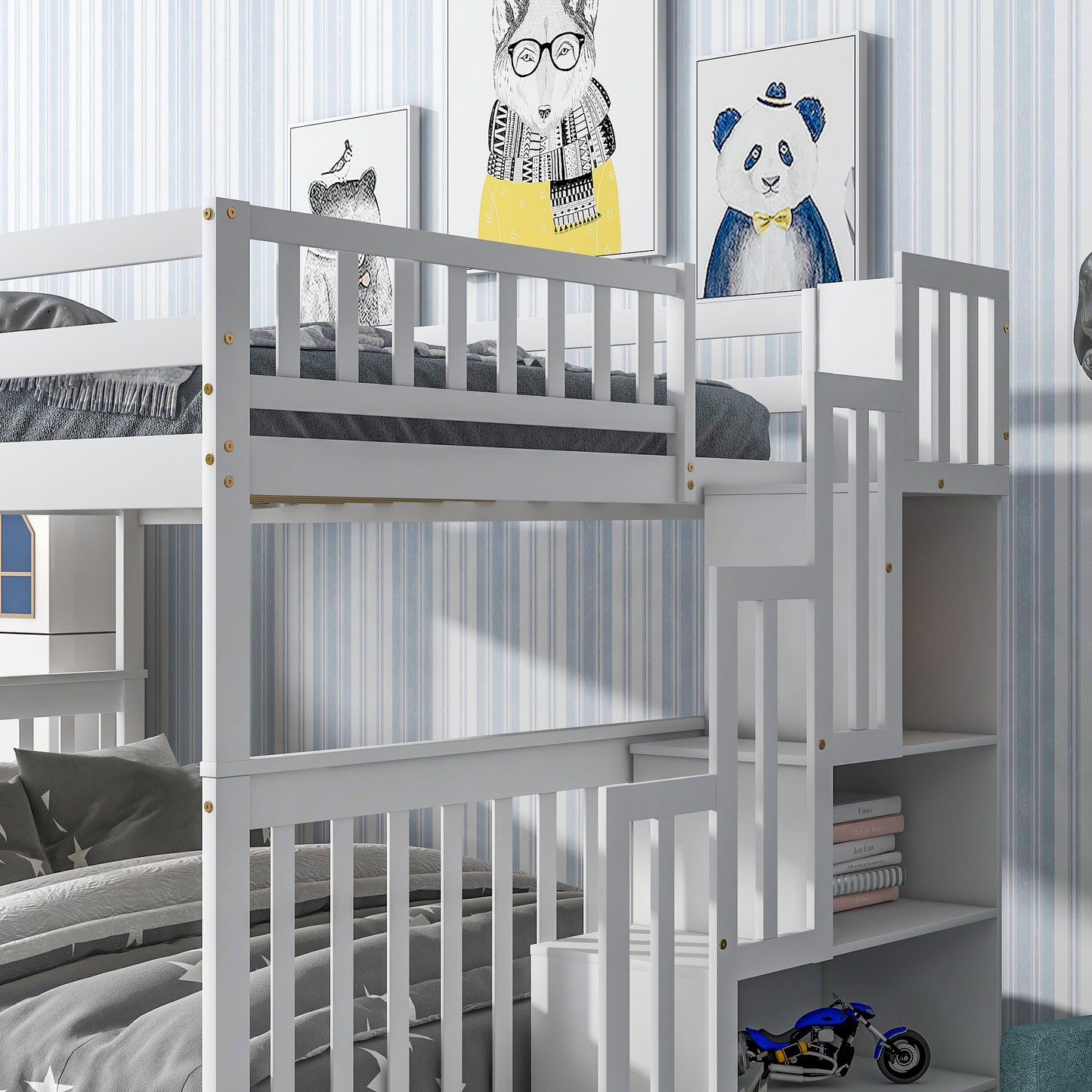 Full Over Full Bunk Bed with 2 Drawers and Staircases, Convertible into 2 Beds, the Bunk Bed with Staircase and Safety Rails for Kids, Teens, Adults, White