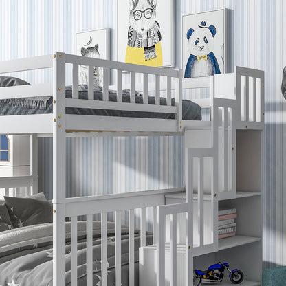 Full Over Full Bunk Bed with 2 Drawers and Staircases, Convertible into 2 Beds, the Bunk Bed with Staircase and Safety Rails for Kids, Teens, Adults, White