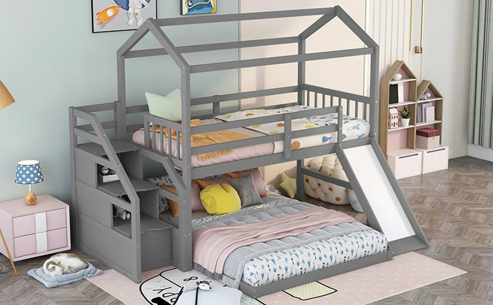 Twin over Full House Bunk Bed with Convertible Slide and Storage Staircase,Full-Length Guardrail,Gray