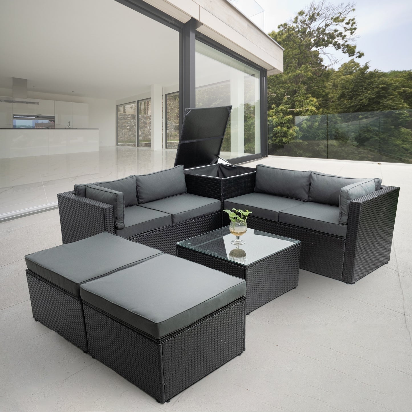 6 Piece Patio Rattan Wicker Outdoor Furniture Conversation Sofa Set with Storage Box Removeable Cushions and Temper glass TableTop