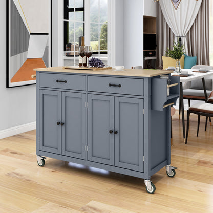 Kitchen Island Cart with Solid Wood Top and Locking Wheels，54.3 Inch Width，4 Door Cabinet and Two Drawers，Spice Rack, Towel Rack （Grey Blue）