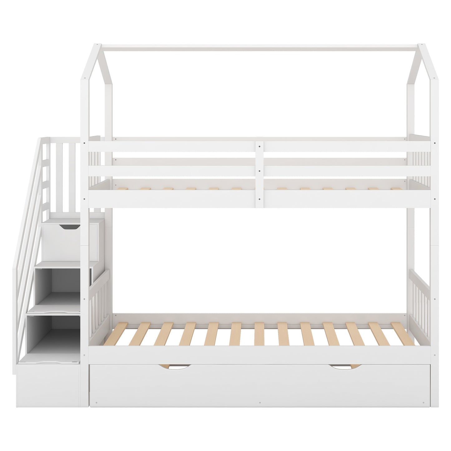 Multifunctional Twin over Twin House Bunk Bed with Staircase and Storage Space,White