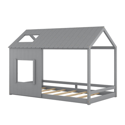 Twin Size House Bed with Roof and Window - Gray