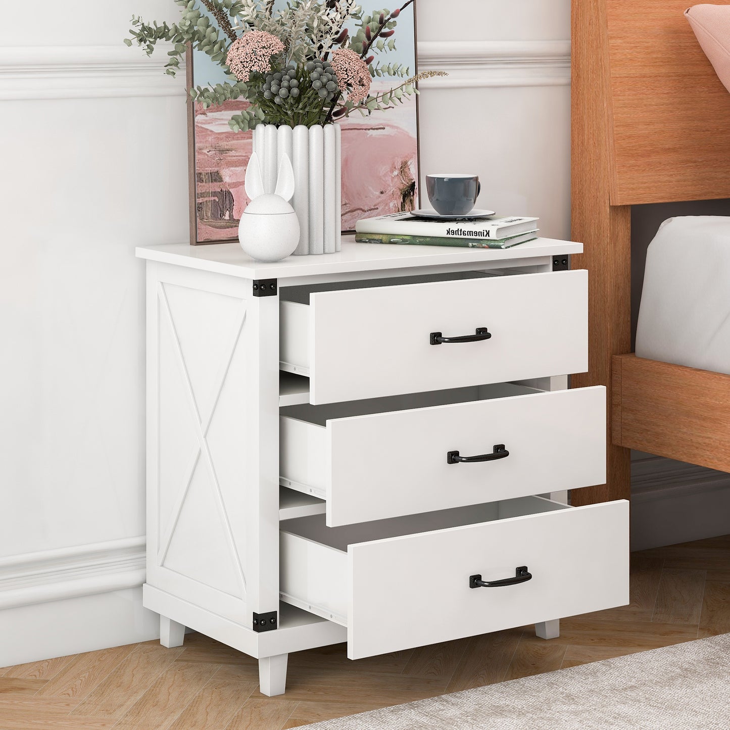 Modern Bedroom Nightstand with 3 Drawers Storage , White