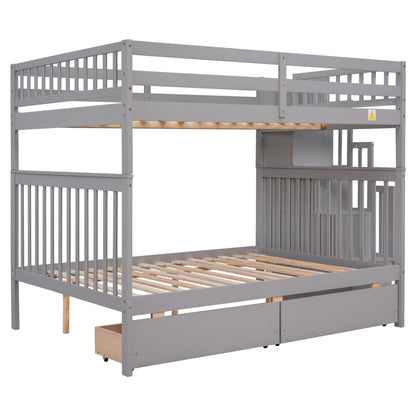 Full Over Full Bunk Bed with 2 Drawers and Staircases, Convertible into 2 Beds, the Bunk Bed with Staircase and Safety Rails for Kids, Teens, Adults, Grey