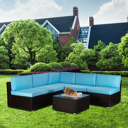 Outdoor Garden Patio Furniture 6-Piece Brown PE Rattan Wicker Sectional Blue Cushioned Sofa Sets