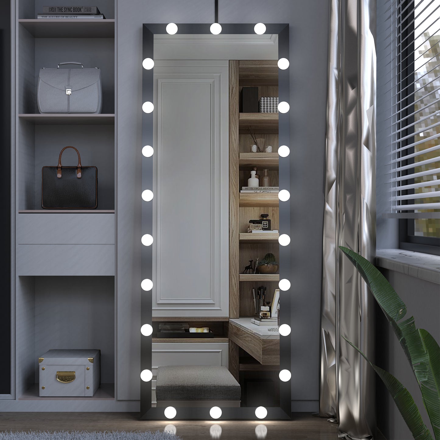 Hollywood Style Full Length Vanity Mirror With LED light bulbs Bedroom Hotel Long Wall Mouted Full Body Mirror Large Floor Dressing Mirror With Lights Black