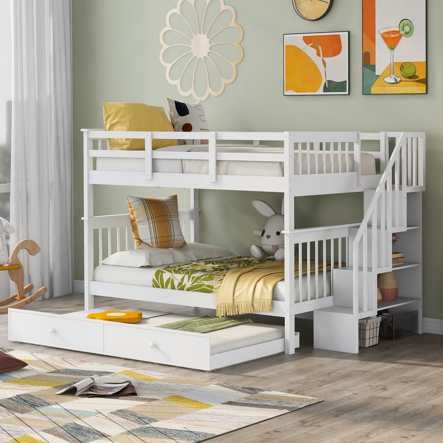 Stairway Full-Over-Full Bunk Bed with Twin size Trundle, Storage and Guard Rail for Bedroom, Dorm - White(OLD SKU :LP001210AAK)