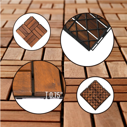 12" x 12" Square Acacia Wood Interlocking Flooring Tiles Checker Pattern Pack of 10 Tiles