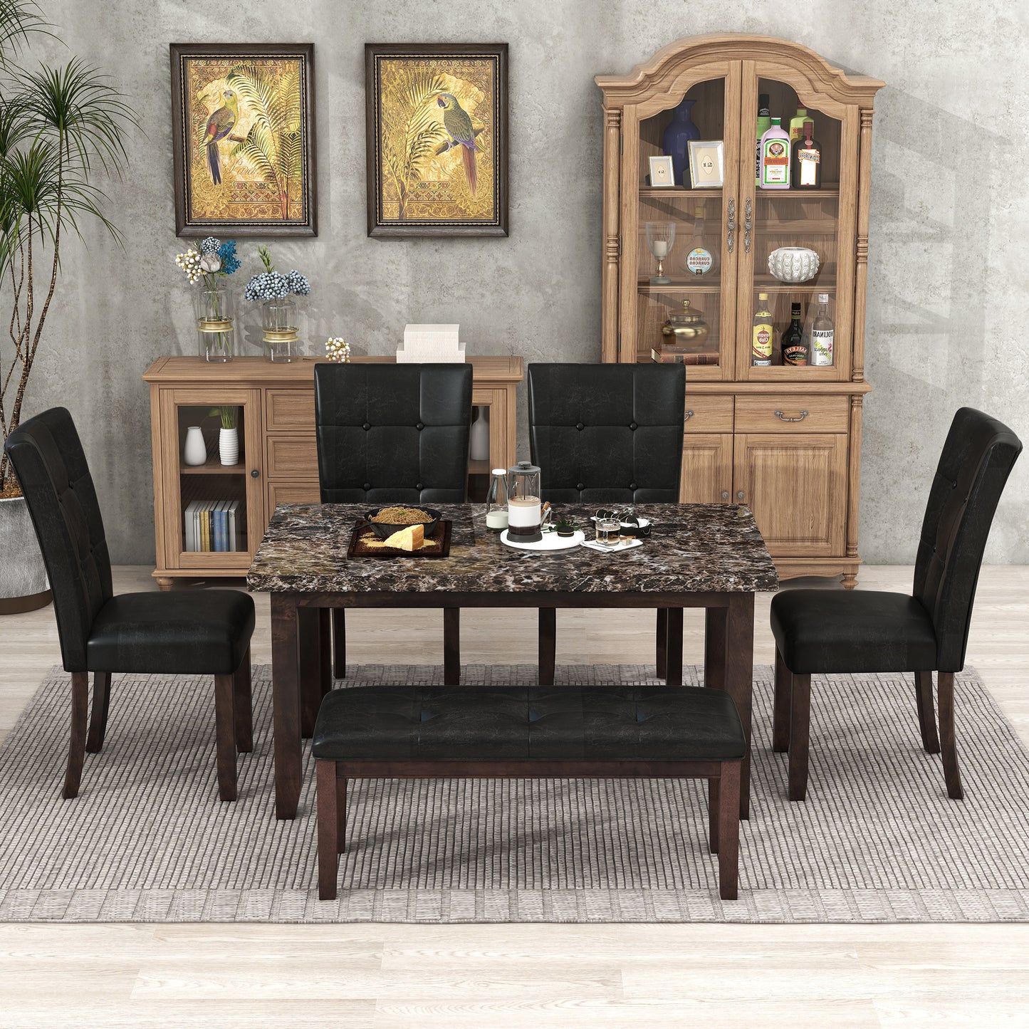 6-piece Faux Marble Dining Table Set  with one Faux Marble Dining Table ,4 Chairs and 1 Bench, Table: 66”x38”x 30”,Chair: 20.2”x28.5”x39”, Black