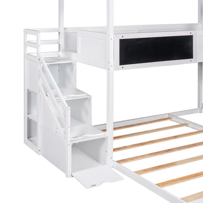 Twin over Full House Bunk Bed with Storage Staircase and Blackboard,White