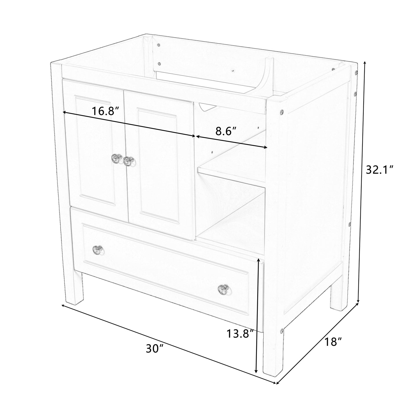 30" Bathroom Vanity Base Only, Solid Wood Frame, Bathroom Storage Cabinet with Doors and Drawers, Grey