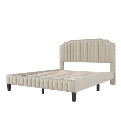 Modern Linen Curved Upholstered Platform Bed , Solid Wood Frame , Nailhead Trim, Cream (Queen)