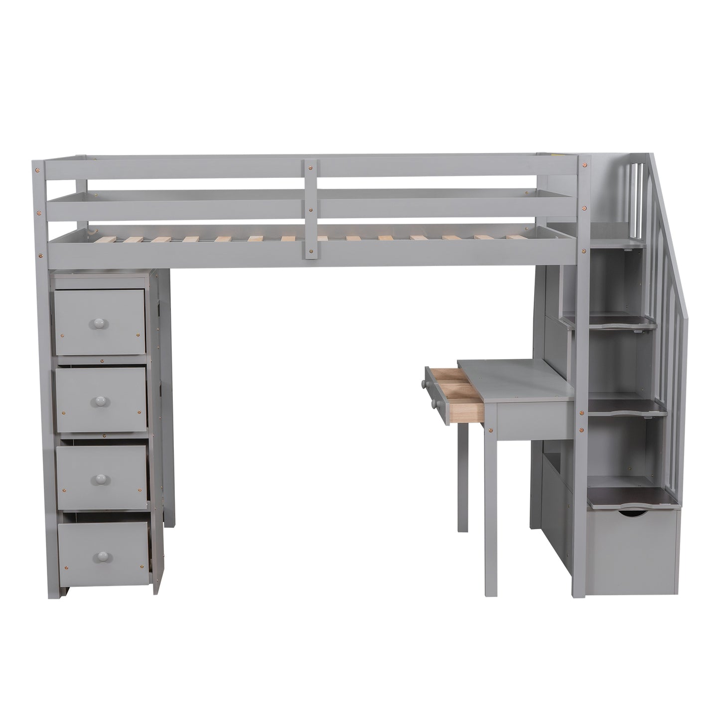 Twin size Loft Bed with Storage Drawers ,Desk and Stairs, Wooden Loft Bed with Shelves - Gray