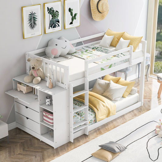 Twin over Twin Bunk Bed with Attached Cabinet and Shelves Storage,White (OLD SKU:GX000513AAK)(Expected Arrival Time:9.5)