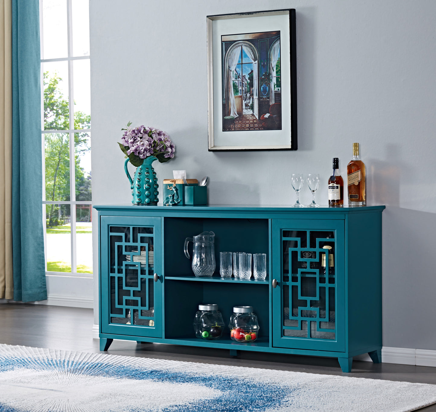 60” Sideboard Buffet Table with 2 Doors, Storage Cabinet with Adjustable Shelves, Teal Blue