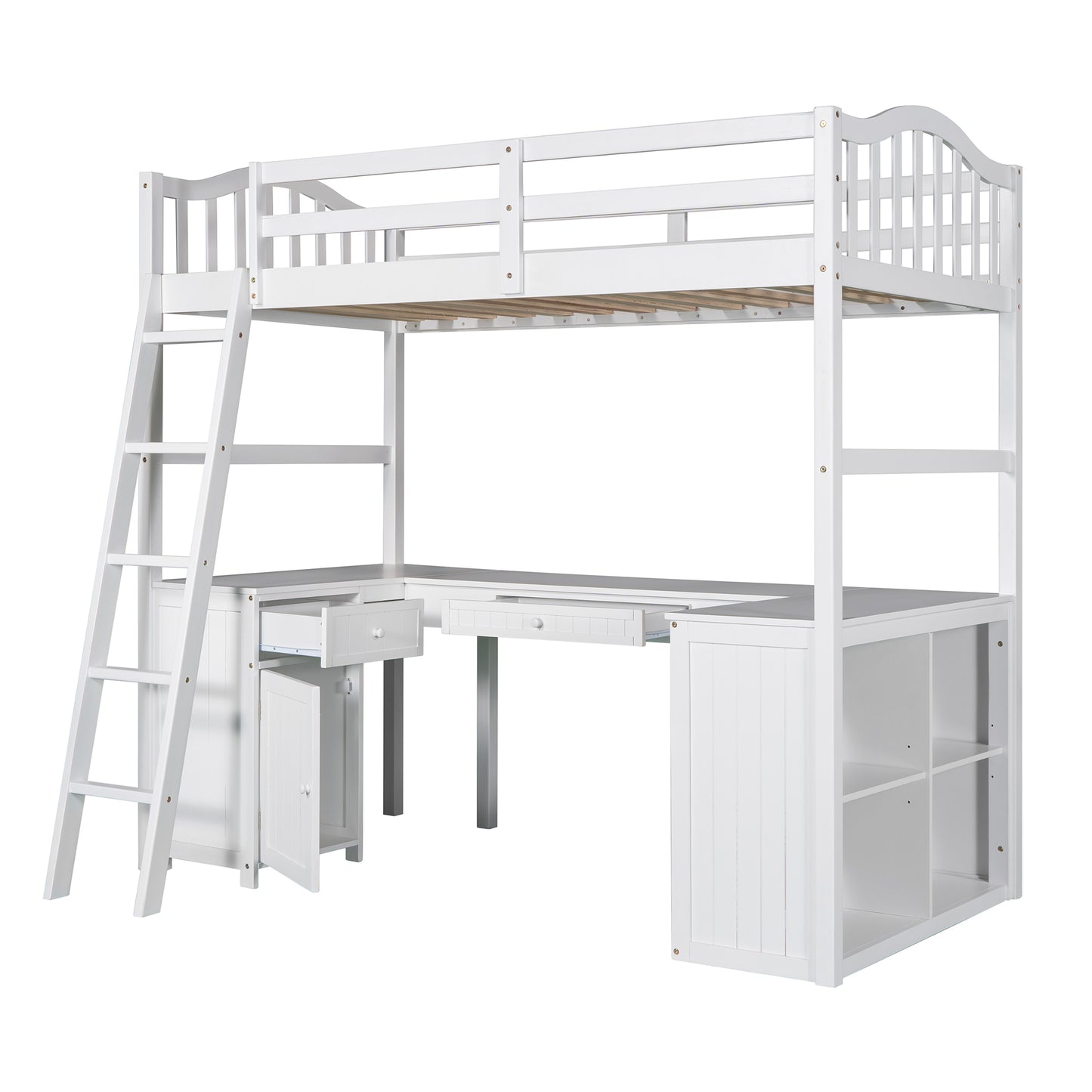 Twin size Loft Bed with Drawers, Cabinet, Shelves and Desk, Wooden Loft Bed with Desk - White(OLD SKU :LP000505AAK)