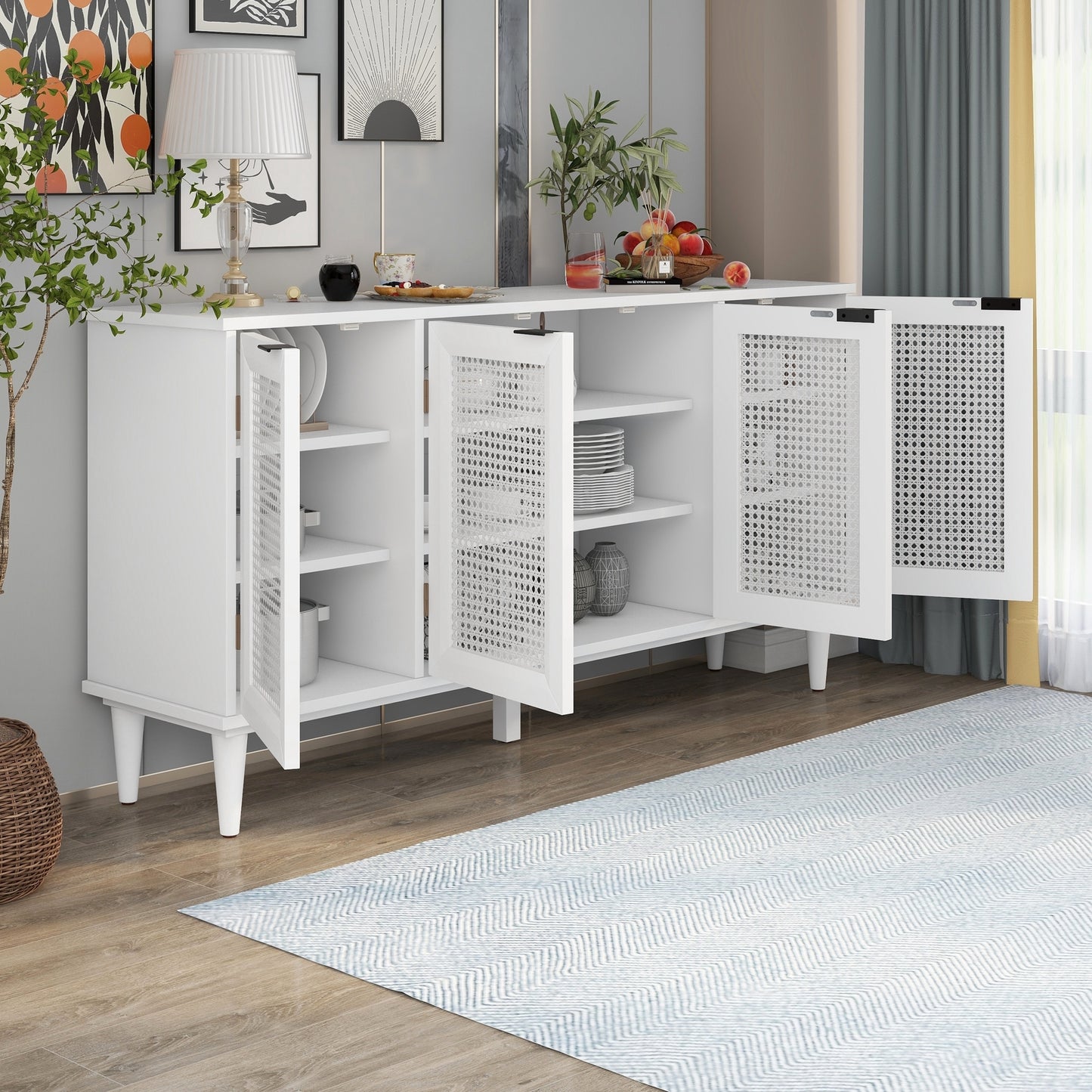 TREXM Large Storage Space Sideboard with Artificial Rattan Door and Unobtrusive Doorknob for Living Room and Entryway (White)