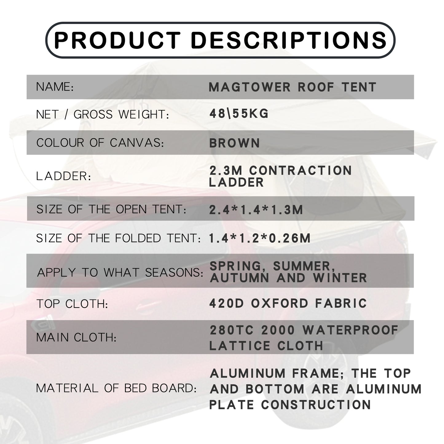 the roof tent with 280TC 2000 waterproof lattice cloth for using as a Camping Necessity A Mobile Home