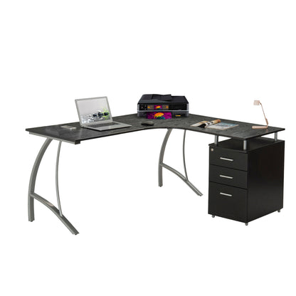 Techni Mobili Modern L- Shaped Computer Desk with File Cabinet and Storage, Espresso